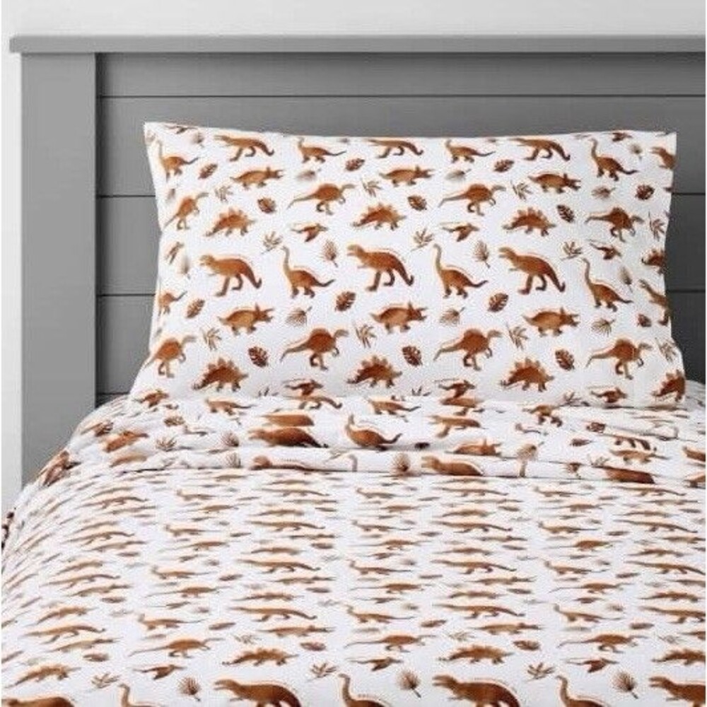 Pillowfort Twin Dinosaur Cotton Sheet Set Watercolor Brown 3pc Kids Bedding